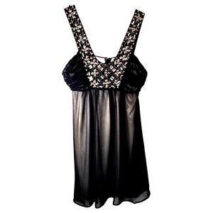 Strappy Party Dress Women's M Black Beaded Metallic Lined‎ Stretch 36" L